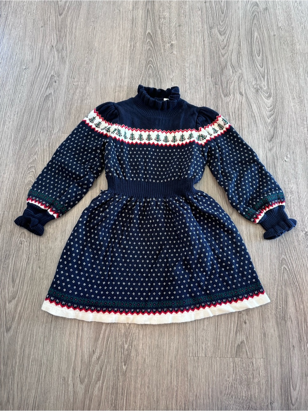 Janie and Jack Girls Navy Fair Isle Knit Dress with Ruffle Collar - Size 3